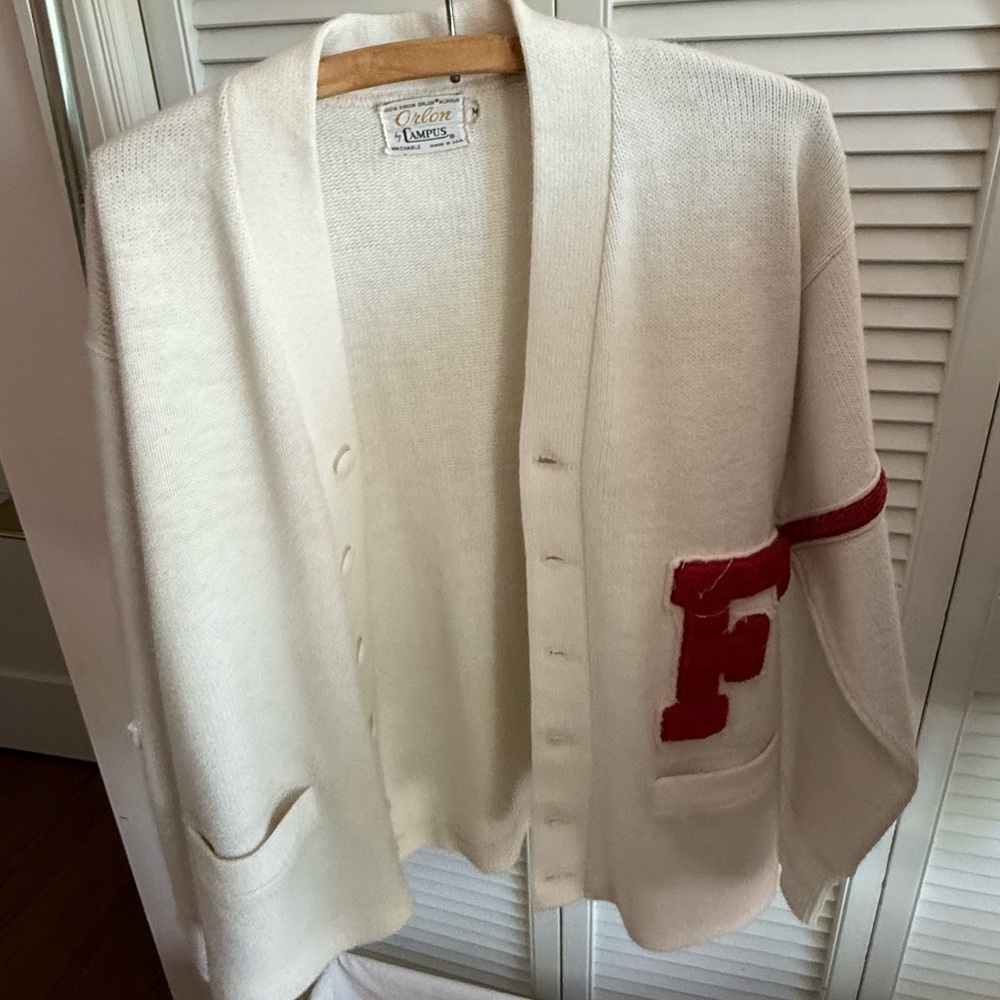 Vintage Orlon by Campus Varsity Button-Up Sweater – Red “F” & Florissant Patches